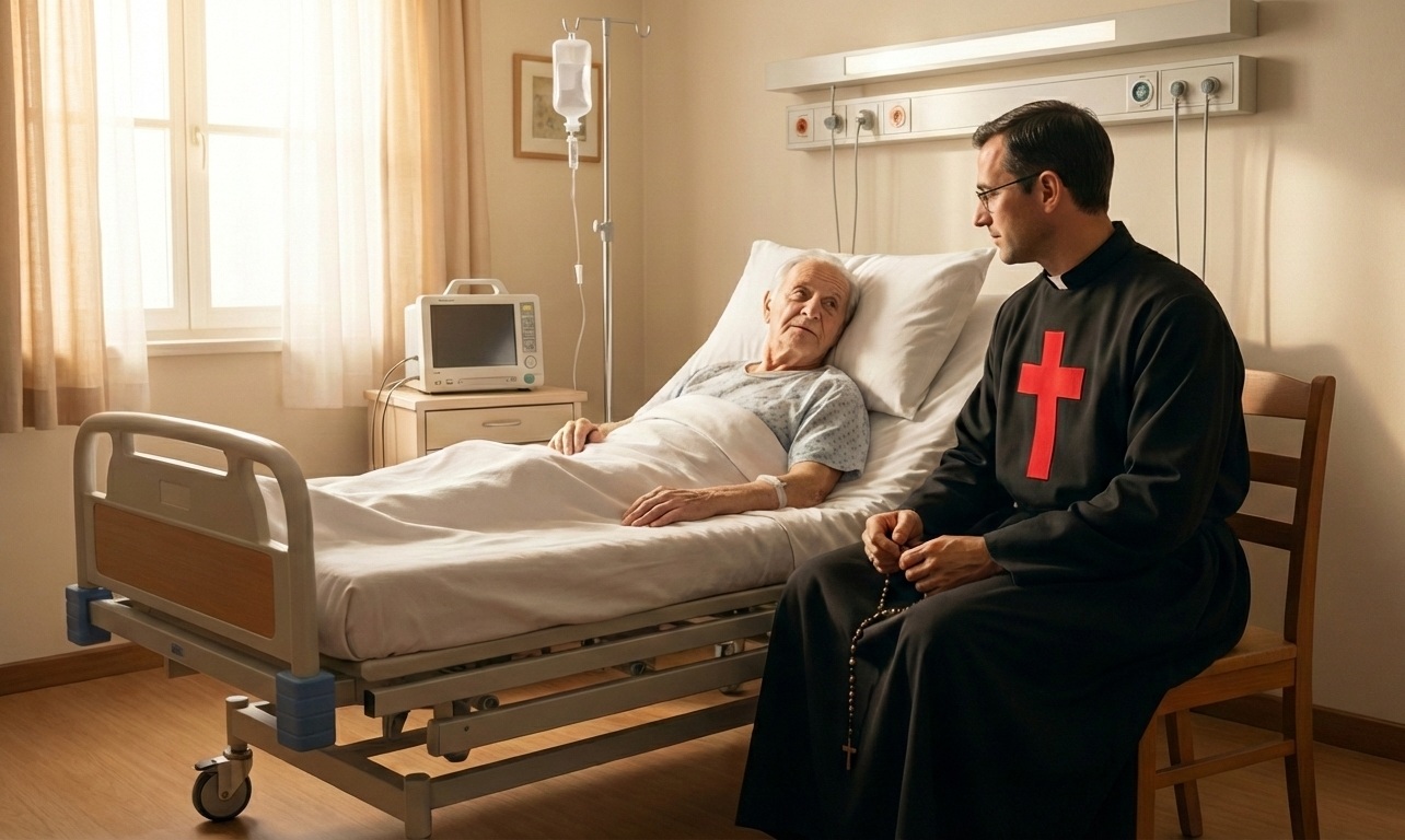 Zakonnik kamilianin modlący się przy łóżku chorego